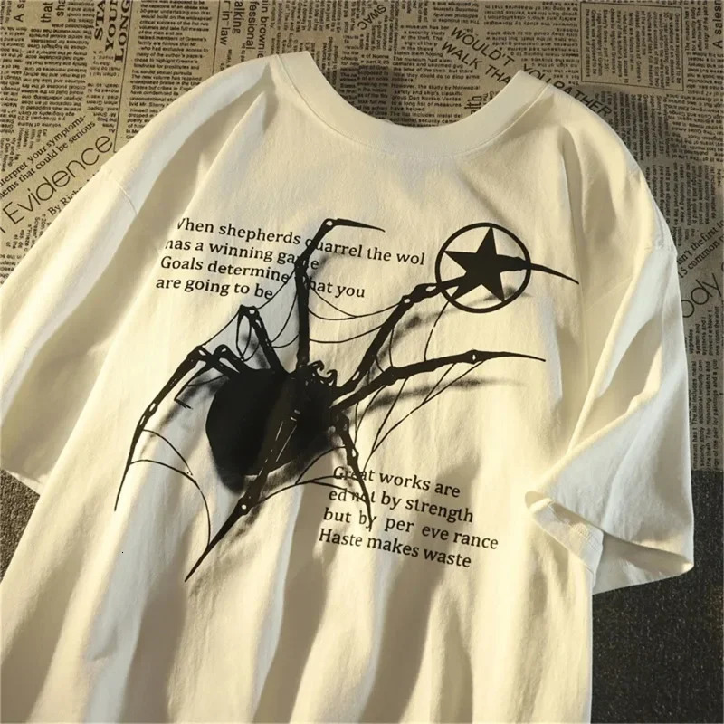 Y2K Korean Streetwear Spider Graphic Acubi Harajuku E Short Sleeve T-Shirts Grunge Aesthetic Oversized Tops Alt Clothing 250227