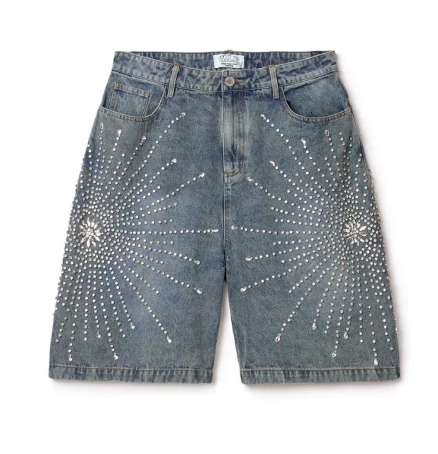 Shorts jeans straight version light color summer daily simple diamond n loose wide leg niche versatile five-quarter pants 250226