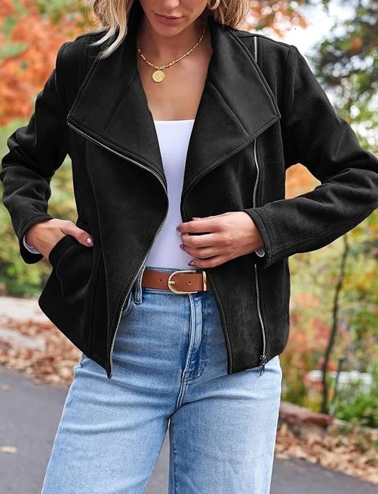 fashion casual jacket womens short with lapel and diagonal zipper 250227