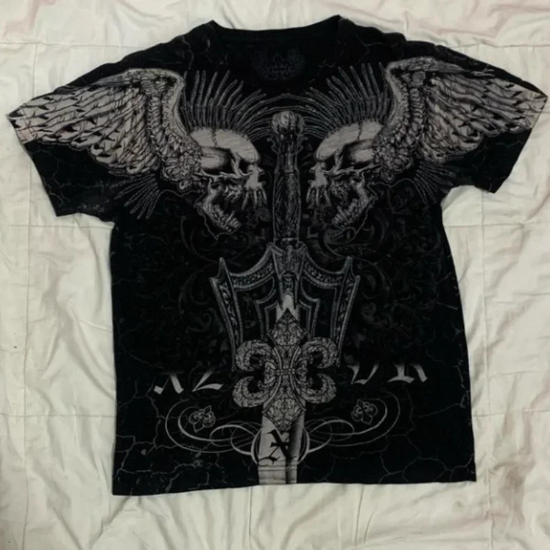 Harajuku Street Retro Tshirt Hip Hop Round Neck Mens and Womens Extra Large Short Sleeve Gothic Clothing 250226