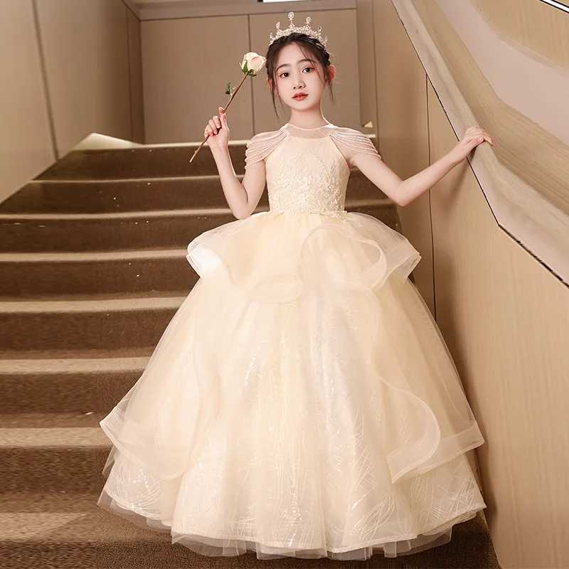 Girl's Dresses 3 Styles Girls Princess Dress 3-8T Light Luxury Halter Beading Off Shoulder Tassels Prom Gown Golden Sequins Flower Girl Dress Y25