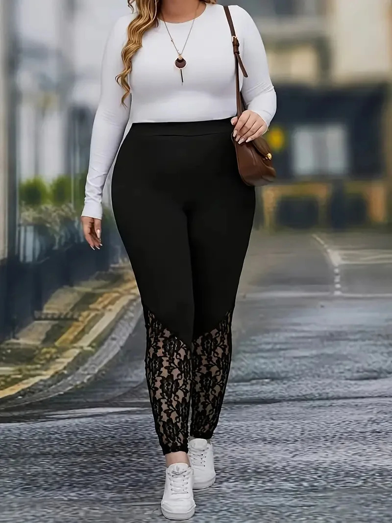 GIBSIE Plus Size Womens Fashion Contrast Lace Black Leggings Spring Fall High Waist Elastic Casual Skinny Leggings Female 250226
