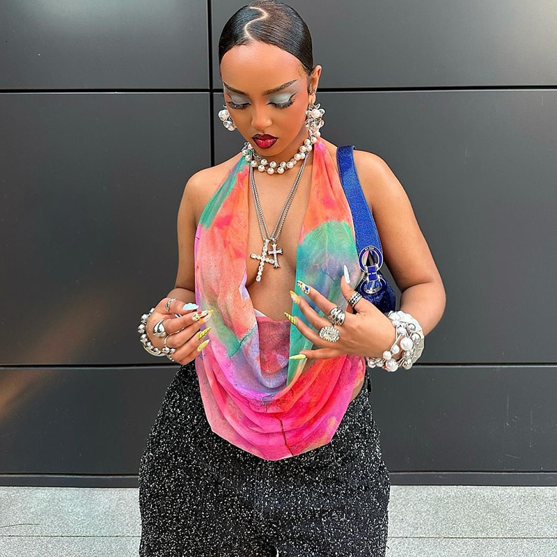 Free Shipping Fashionable And Lightweight Women's Sexy And Comfortable Printed Abstract T-shirt Hanging Collar Deep V-neck Gradient Color Short T
