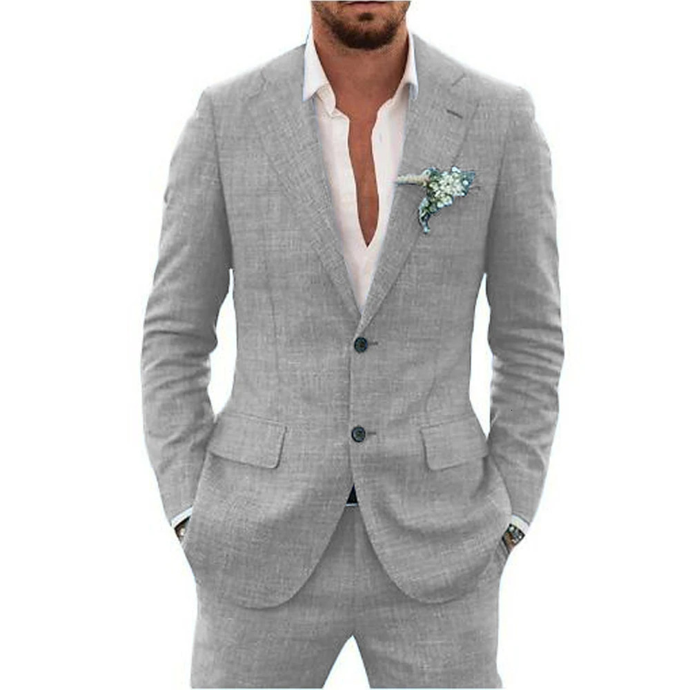 Slub Cotton Linen Suiting Fabric Full Mens Suit Lapel Collar Single-breasted 2 Piece Set Elegant Man Suits High Quality Blazer 250224