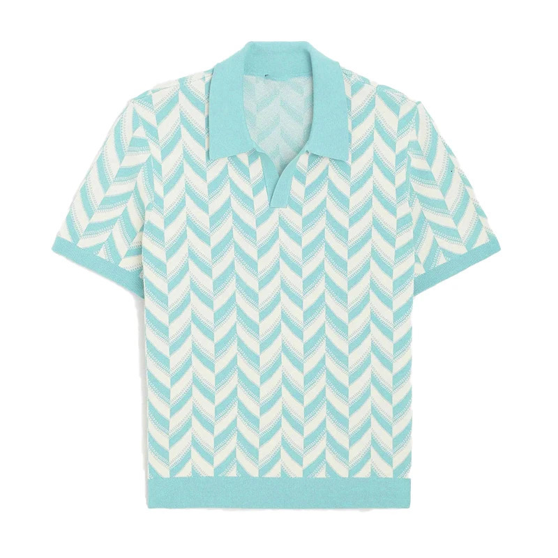 Summer mens jacquard knitted V-neck short sleeved polo shirt casual breathable fashionable high-quality knitted 250224