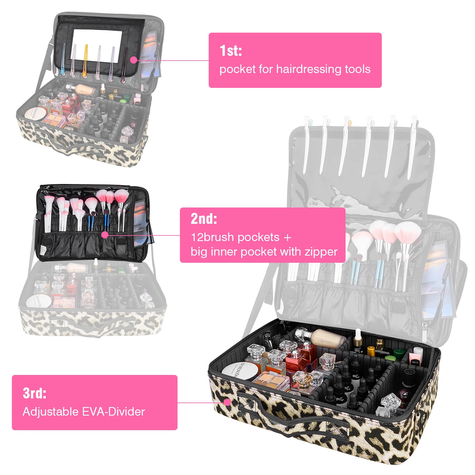 Ship from US AIMEI Extra Large Cosmetic Bag Vanity Case Makeup storage bag and Organizer Leopard print model With mirror 250227FBB