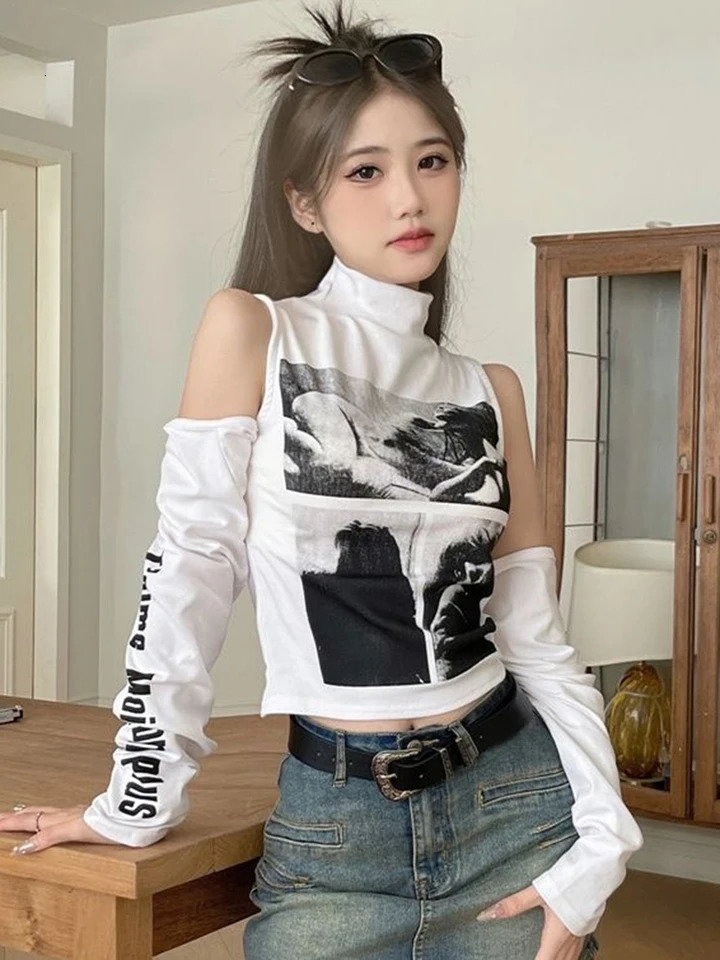 Zoki Sexy Cropped Y2K T Shirts Women Hollow Out with Sleeves Slim Tops Vintage American Harajuku Turtleneck Female Punk Tees 250226