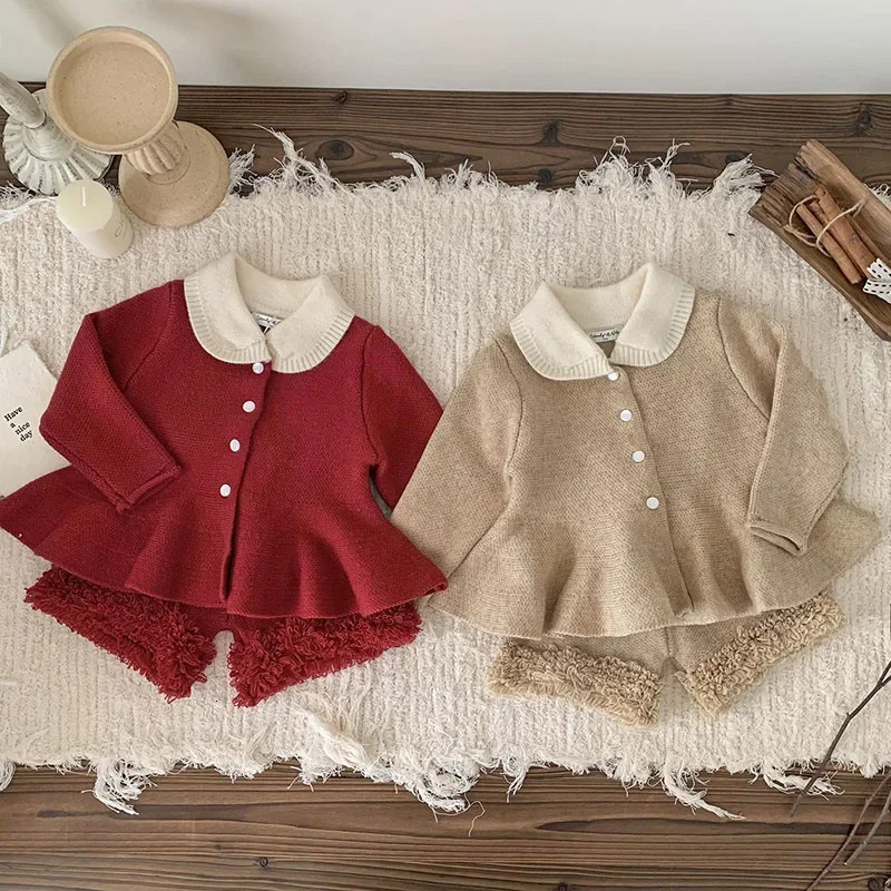Autumn Winter Infant Baby Girls Clothing Set Long Sleeved Knitted CardiganShorts Toddler Baby Knitted Clothes Suit 250227