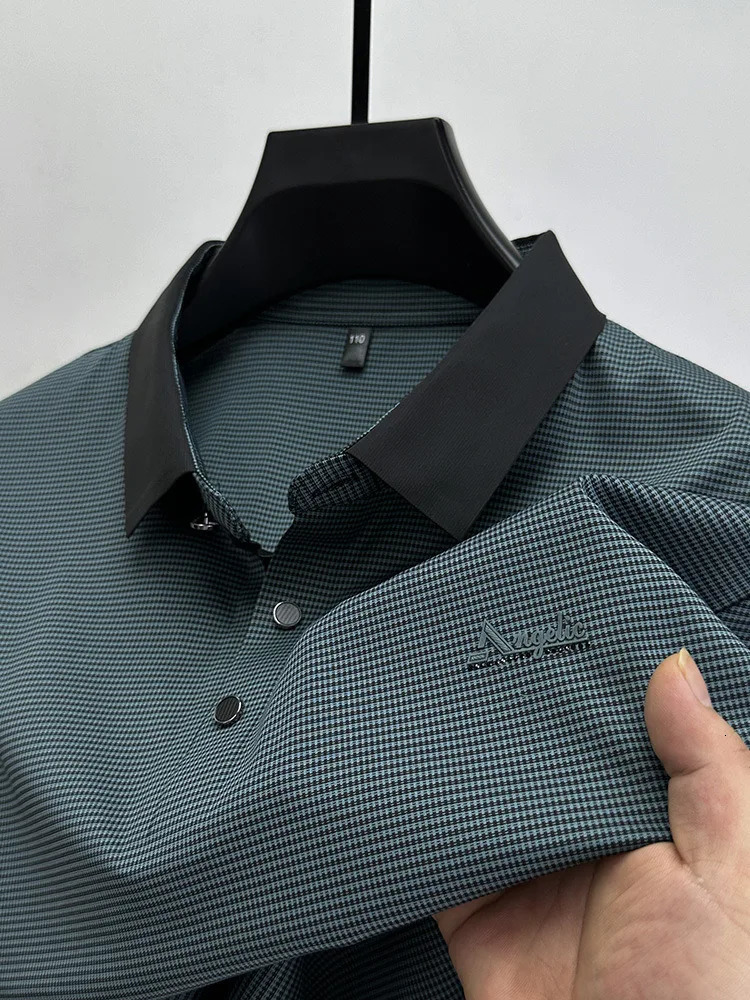 High end ice silk short sleeve T-shirt mens summer fashion plaid letter for cool and breathable casual POLO shirt 250225