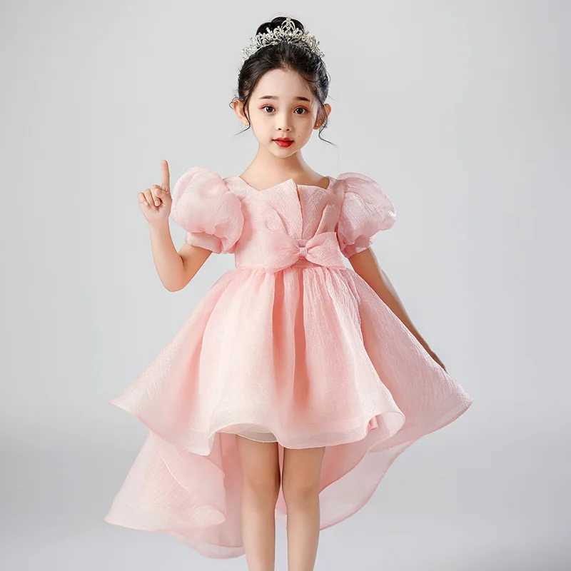 Girl's Dresses Summer Kids Dresses for Girls Mesh Lace Short Sleeve Girls Party Dress Fashion Solid Color Girl Evening Gown 3-12 Years Y250227NG8