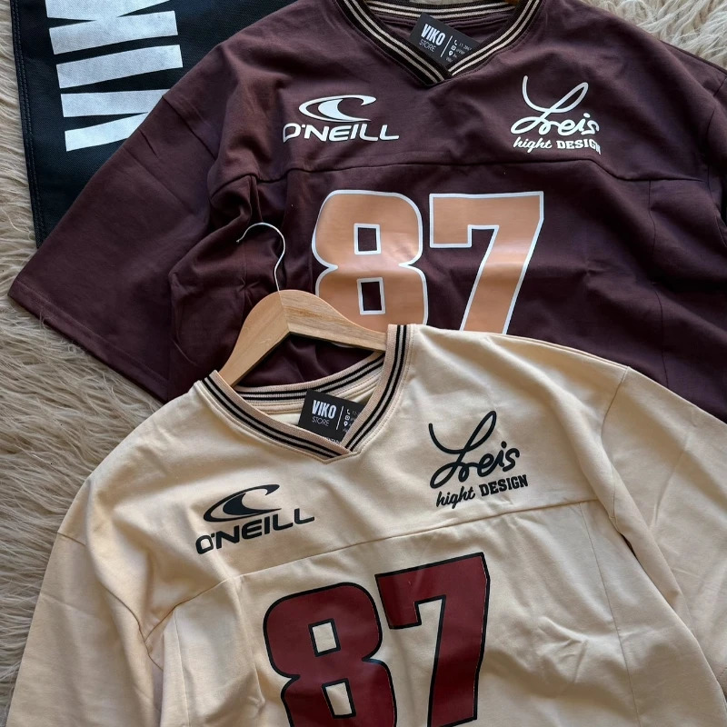 Y2K Vintage Shirt Ribbed V-neck digital Pattern Short Sleeve Streetwear Men Women Trend Clean Unisex Oversize clothing 250225