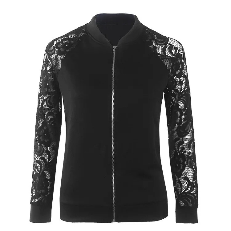 Lace sleeve womens basic coat long sleeved lace patch work transparent zipper casual slim fit autumn jacket bomber 250227