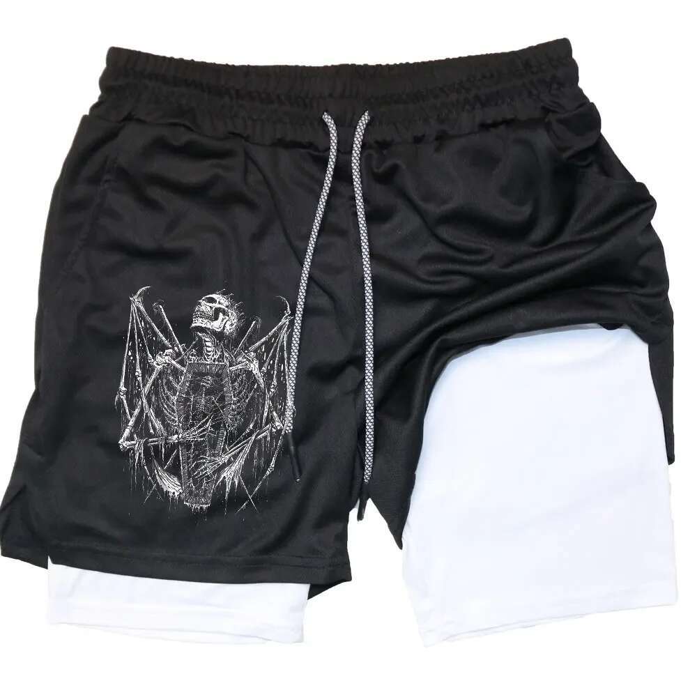 Y2k Performance Men Quick-Drying Fiess Skull Print Double Layer Shorts Workout Training Running Bodybuilding Sportwear