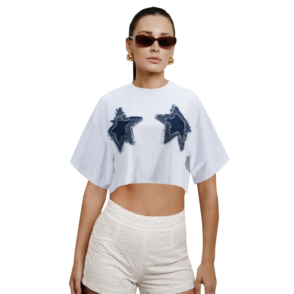 Designer's New Women's Sexy Loose Crop Exposed Star Denim Patch Round Neck Short Sleeved T-shirt Top
