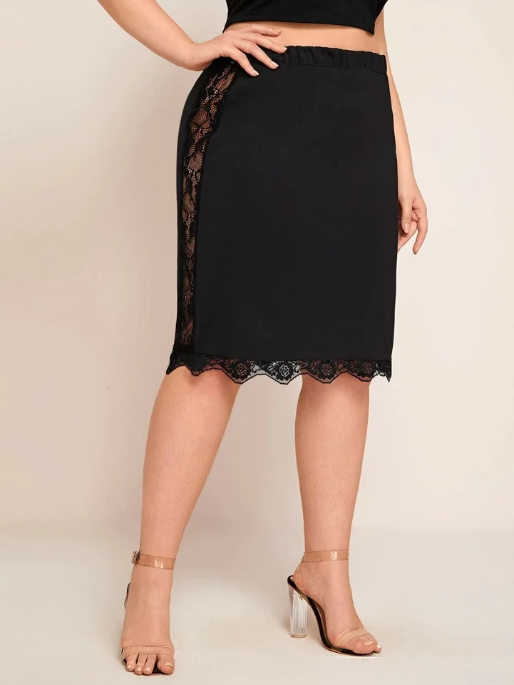 Plus Size Elegant Summer Spring Elastic Waist Midi Skirt Women Lace Patchwork Pencil Skirt Female Large Size Work Office Skirt 250224