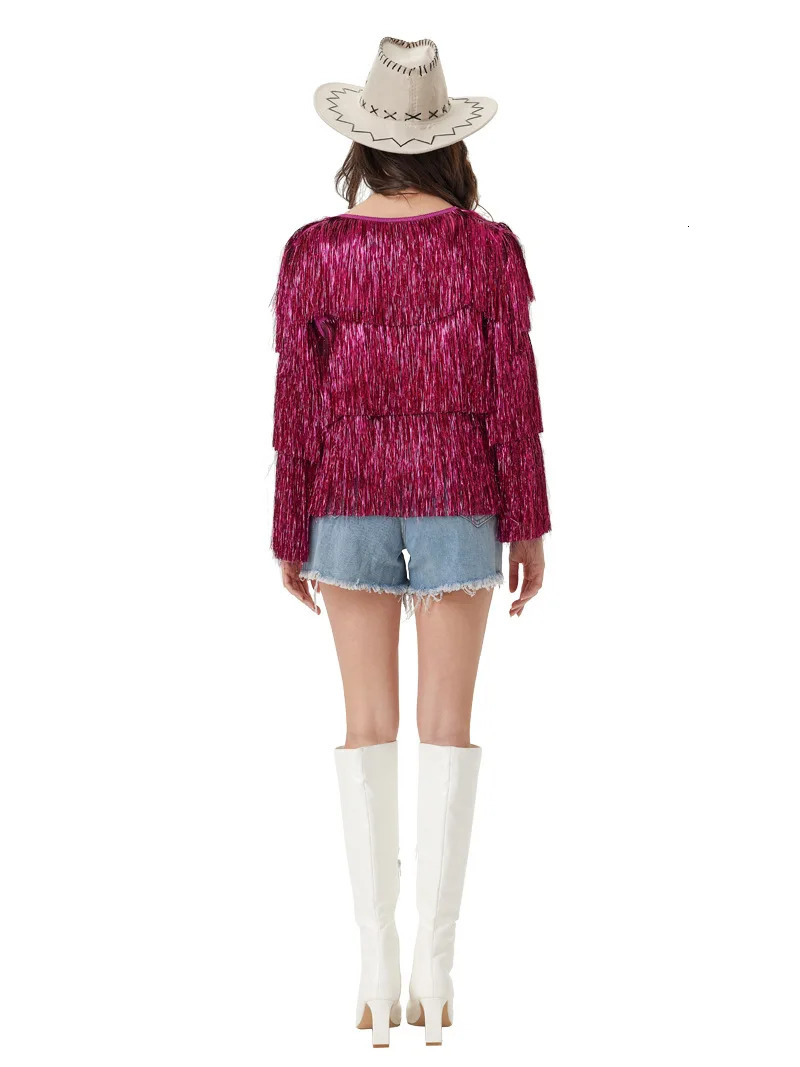 y womens silver gold silk tassel jacket multilayer pleated long sleeved spring summer Halloween cardigan woolen sweater dance top 250227
