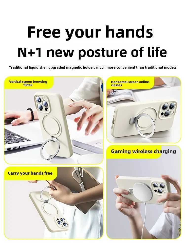 Magnetic Adsorption Liquid Silicone Case with Stand for 16 Pro Max Shockproof Full Cover for iPhone 15 13 PM Z250227