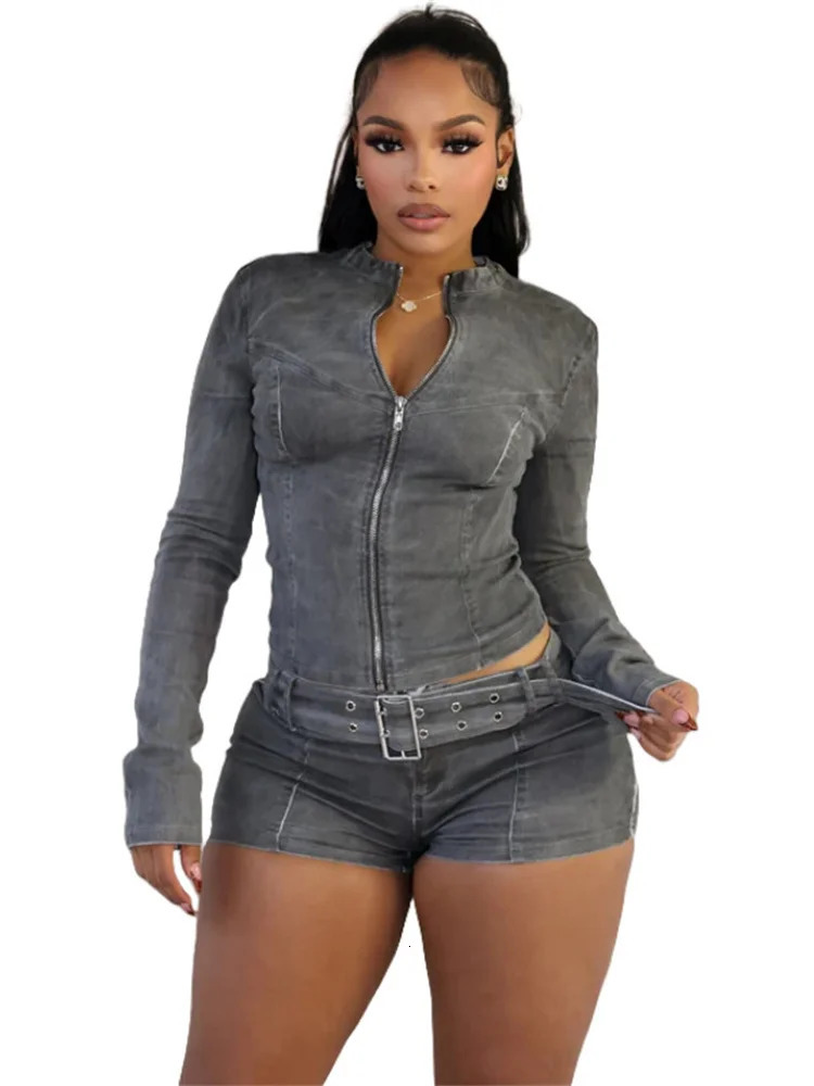 Weird Puss Distressed Denim 2 Piece Set Women Zipper Cardigan Full Sleeve JacketSashes Patchwork Shorts Street Trend Chic Suits 250226