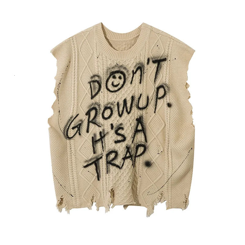 PFNW Menswear 2024 Autumn American Letter Printting Knitting Vest For Men High Street Trendy Pullover Tank Tops 12C1331 250225