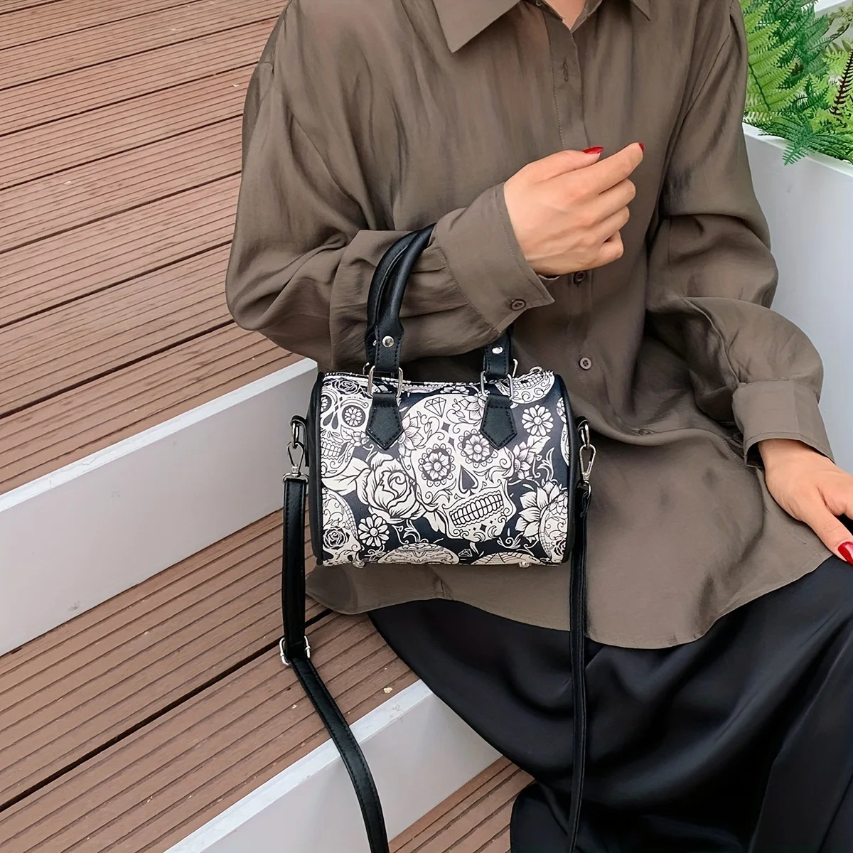 Ship from US Flower skull printed handbag Halloween party ghost Boston bag trend small ten font wallet 250227FBB