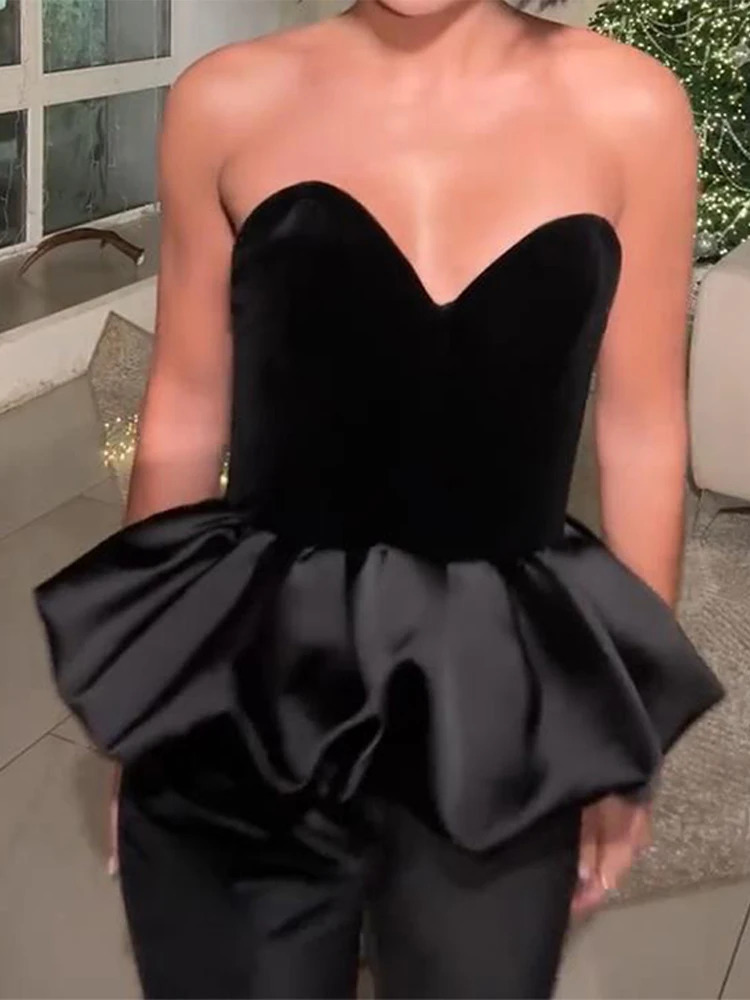 Heart-Shaped Collar Strapless Top Velvet Deep V Sleeveless Slimming Floral Bud Fluffy Hem Blouse Women Solid Color Vest 250226