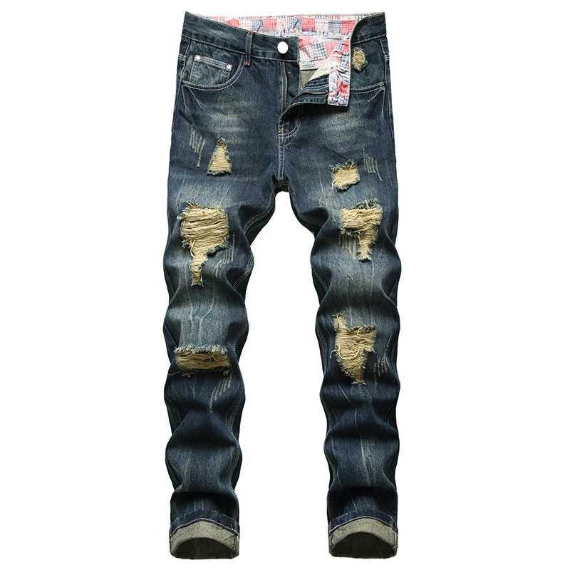 Cowboy casual torn mens fashion long plus size 28-42 jeans hole torn cotton deep blue dress X250227