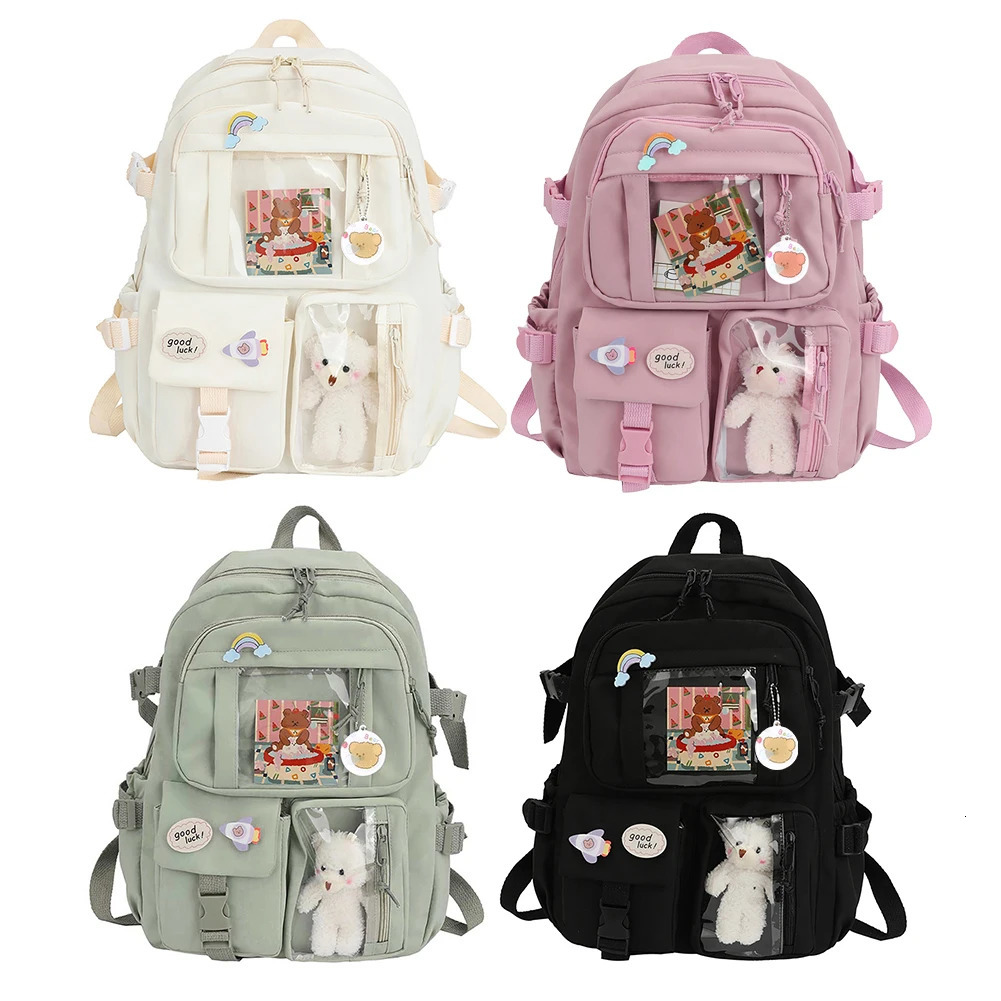 Ship from US College Student Rucksack Fashion Casual Book Bags Nylon with Plush Pendant Pin Cute Large Capacity Japanese Style for Teen Girls 250227FB