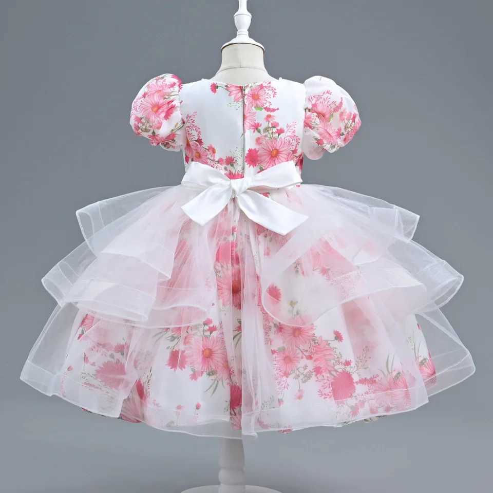 Girl's Dresses Girls New Flower Print Pearl Bubble Sleeve Mesh Fluffy Skirt Birthday Party Wedding Flower Girl Sweet and Cute Evening Dress Y2502