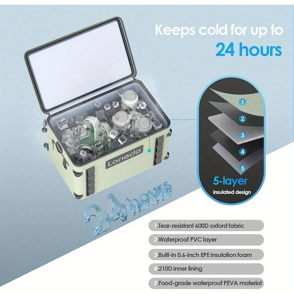 Ship from US Lanedo Soft Cooler 36 Can 25 Botters Insulated Bag Portable Ice Chest Box Floating LeakProof Green 250227FBB
