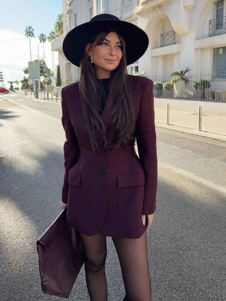 Vintage Burgundy Lapel Single Breasted Blazer Coat Women Chic Long Sleeve Waist Slim Jackets 2025 Spring Lady Commute Outwear 250226