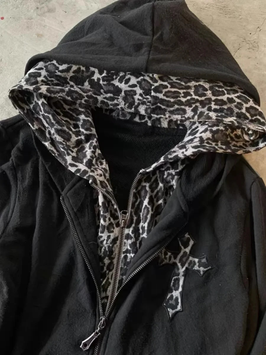 Y2K retro leopard print double hooded streetwear Gothic womens clothing long sleeved zipper mens 250226