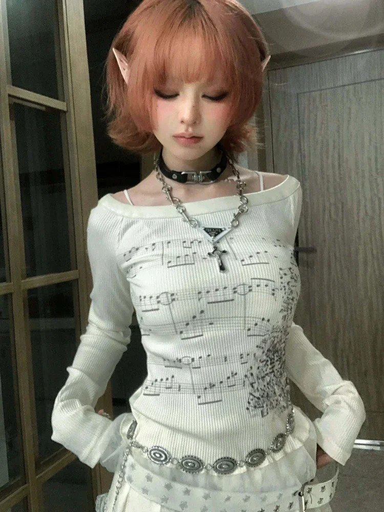 Y2k Aesthetic Tshirts Women Korean Cotton Slim Fit All Match Tees Grunge Print Lace Patch T Shirt Long Sleeve Crop Tops 250226