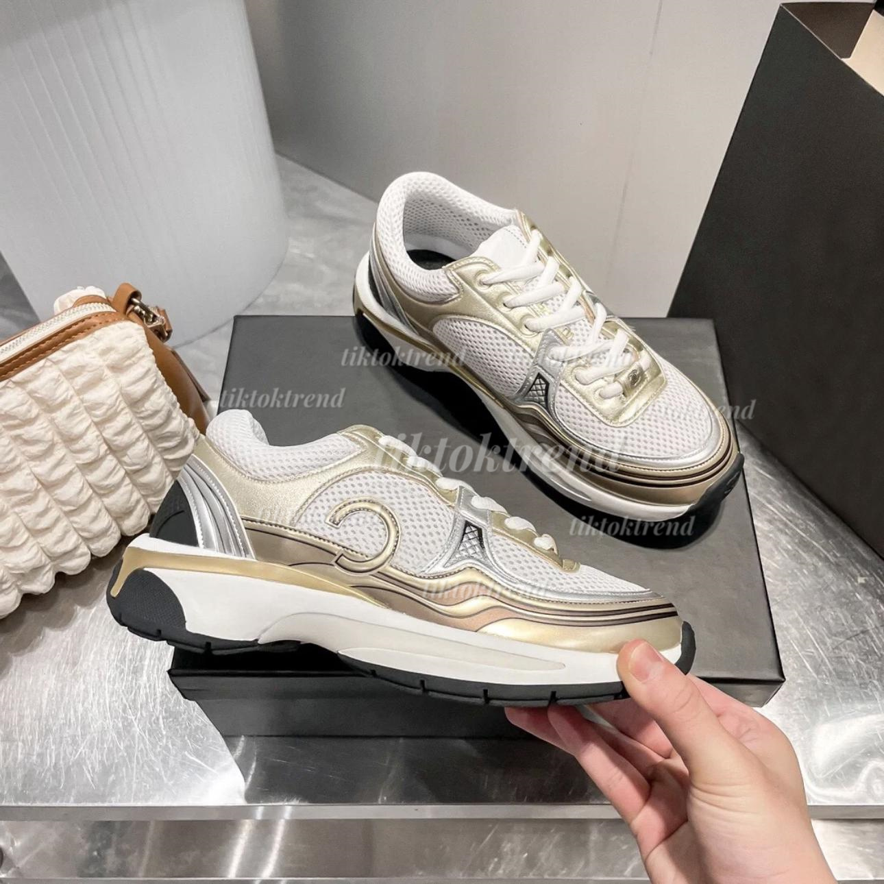 Designer shoes Women Fashion Luxury Sneakers Gold Silver Mesh Calfskin Leather Flat Trainers Black Lace-up Casual Shoes Outdoor Runner Trainers Men Sport Shoes 35-42