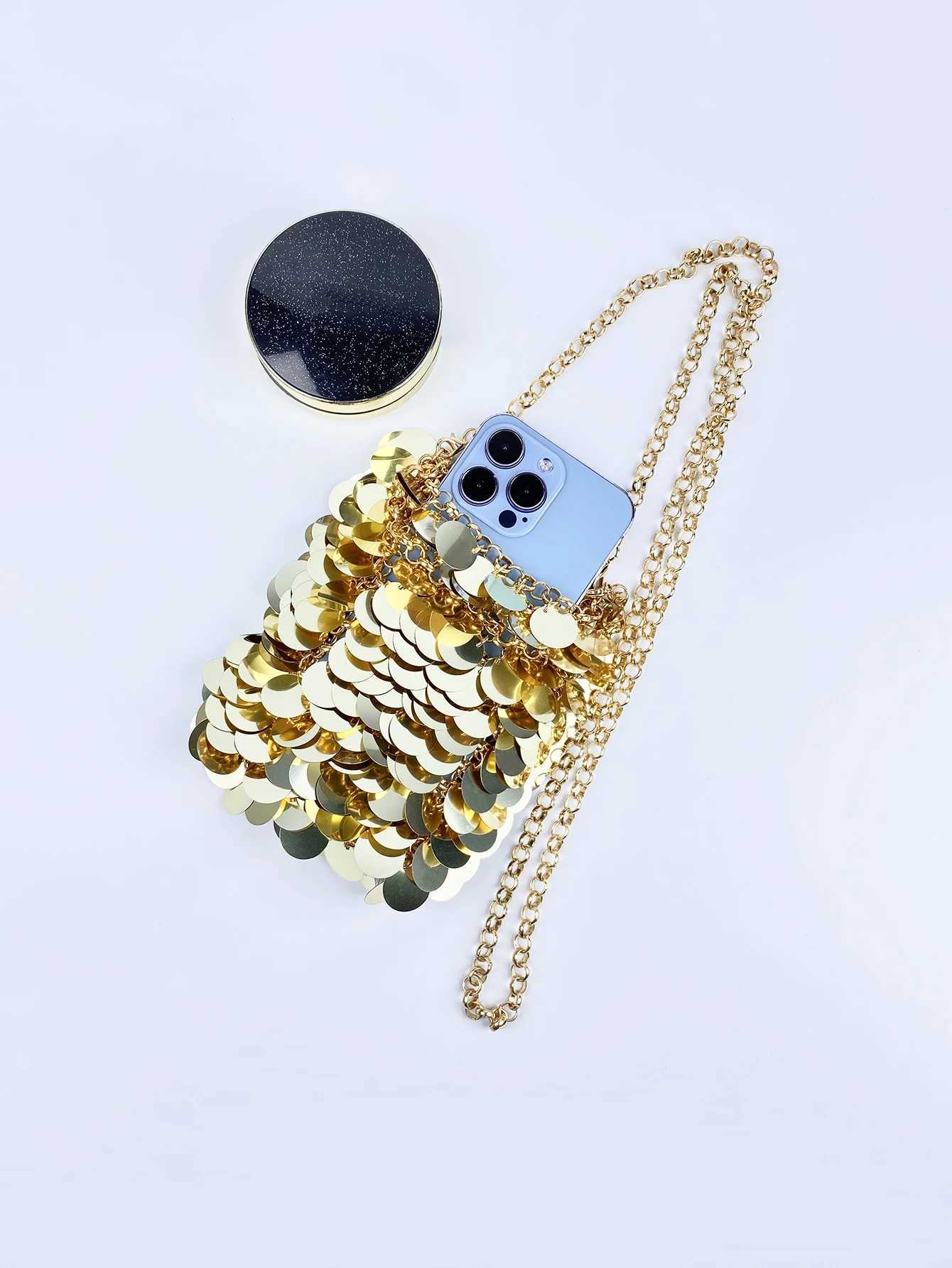 Shiny matte metal fish scale glitter bag hand woven ping pong ball phone side bag crossover bagXJ250227