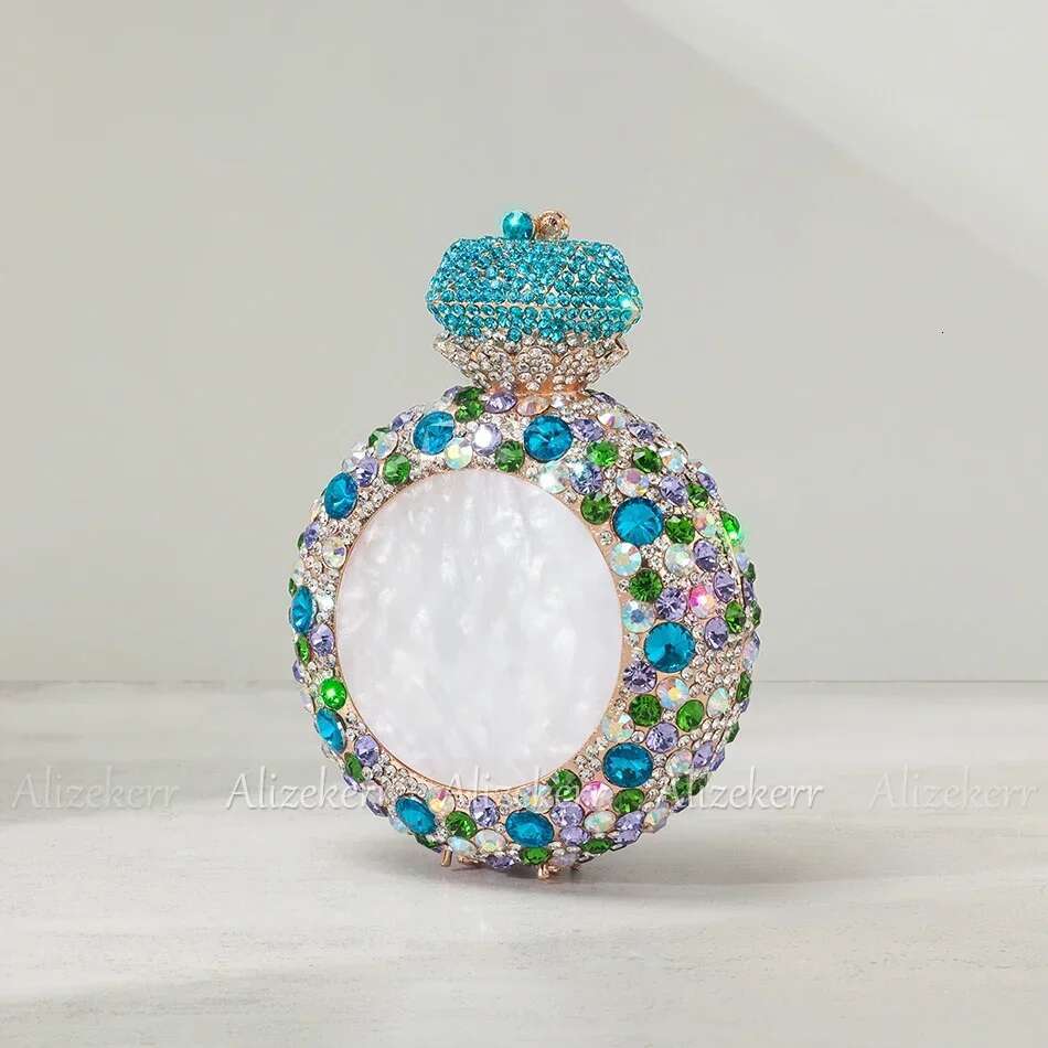 Alizekerr Perfume Bottle Shaped Crystal Evening Bags Women Gorgeous Classy Rhie Round Metal Clutch Purses Wedding Party