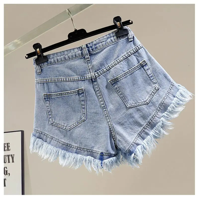 Pink Bead Diamond Irregular Burr Edge Wide Leg A-Word Denim Shorts Pants Womens Korean High Waist Jean Shorts Mujer 250226