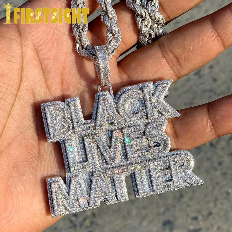 Iced Out Bling CZ Letter Black Lives Matter Pendant Necklace Two Tone Collor Cubic Zirconia Letters Charm Men Hip Hop Jewelry 250227