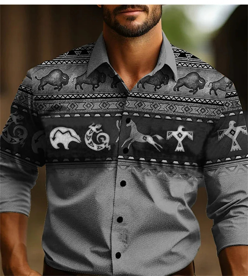 Mens Western Shirt Vintage Pattern Lapel Long Sleeve Button Print Top Fashion Streetwear Western Style 250224