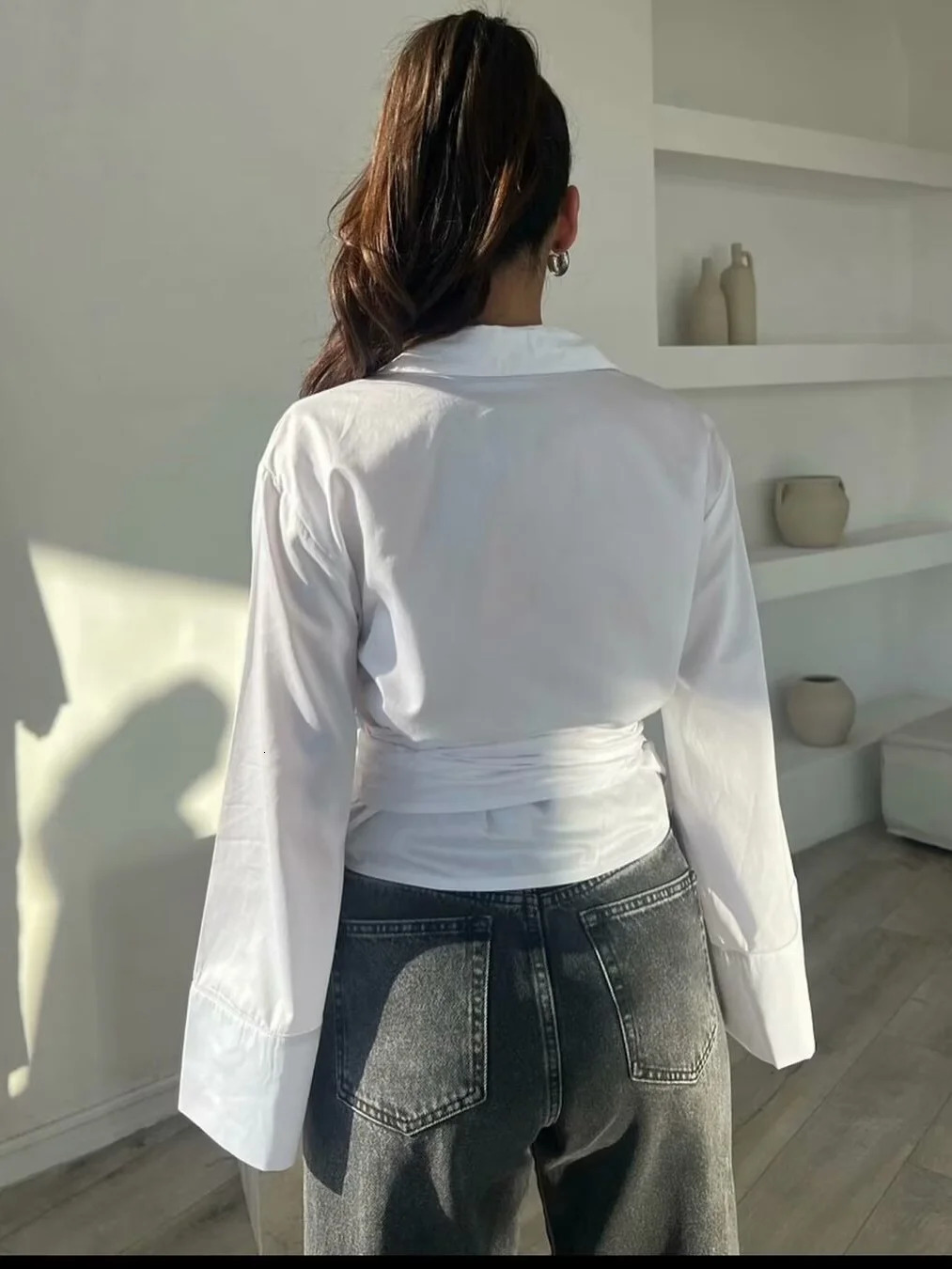 Long Sleeve Kimono Blouses With Bow Tie Black Casual Polo Neck Blouse Woman Front Button Up Double Breasted Poplin Shirts White 250226