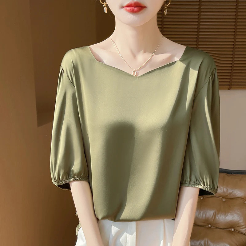 2025 Women Summer Fashion Short Sleeve T-Shirts Loose Shirt Tops Female Solid Color Satin Shirts Ladies O-neck Casual Blouses 250226