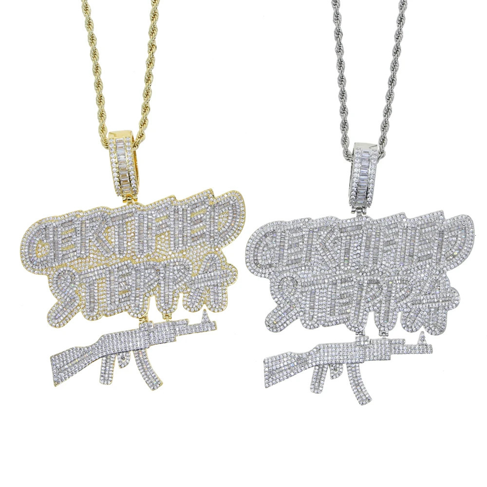 Iced Out Bling CZ AK47 Gun Pendant Necklace Cubic Zirconia Letter Certified Steppa Charm Men Fashion Hip Hop Jewelry 250227