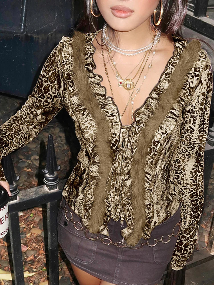 Women Sexy Leopard Print Tops Mini Skirts Sets Furry Edging Crop Top Suits Hip Wrap Skirt 2025 Spring Midnight Club Outfits 250226