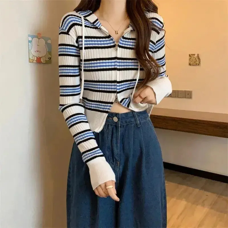Petite Knitted Cardigan Womens Hooded Long Sleeve Cropped Striped Jacket Autumn 2024 Collection Double Zip Outerwear Sweater 250225