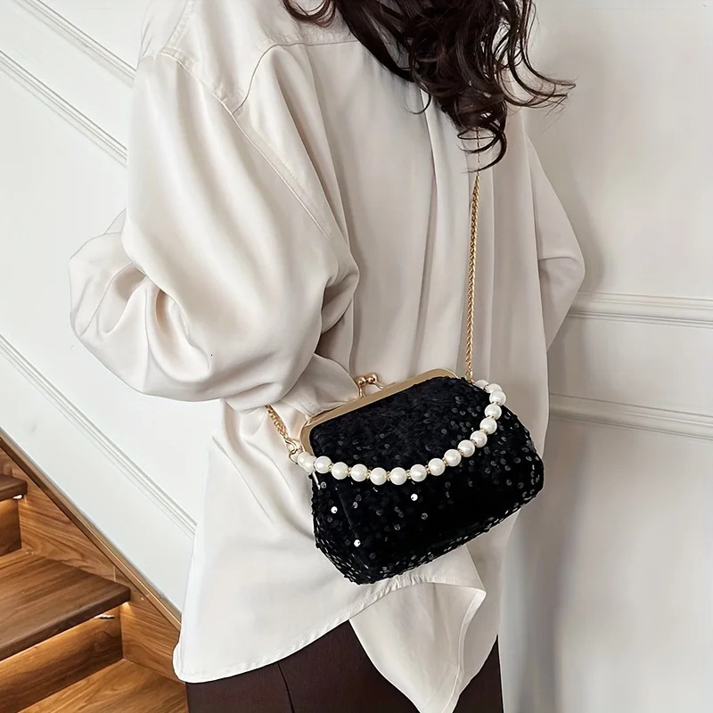 Ship from US Sequins Crossbody Bag Shiny Pearl Handbag Womens Chain Clip Purse For Evening Party Prom Banquet 250227FBB