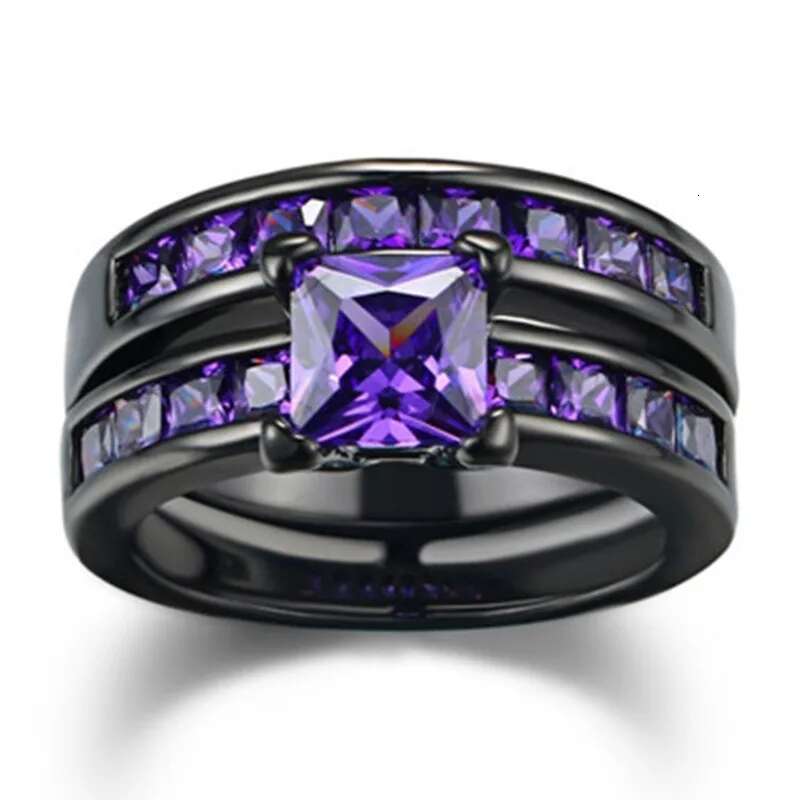 Princess Cut Lab Amethyst Ring Set 10KT Black Gold Engagement Wedding Band Rings for Women Men Promise Party Jewelry