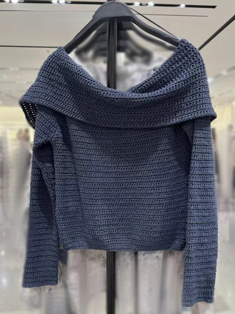 Female Casual Slim Top Solid Blue Long Sleeves Single Off Shoulders Breasted Autumn Vinatge Knitted Sweater