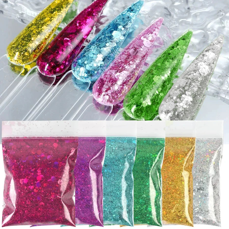 10 Colors 20g Holographic Nail Glitter Laser Color Nails Art Flakes Mixed Size Hexagon Sequin Nail Powder Nail Art Decoration 250227