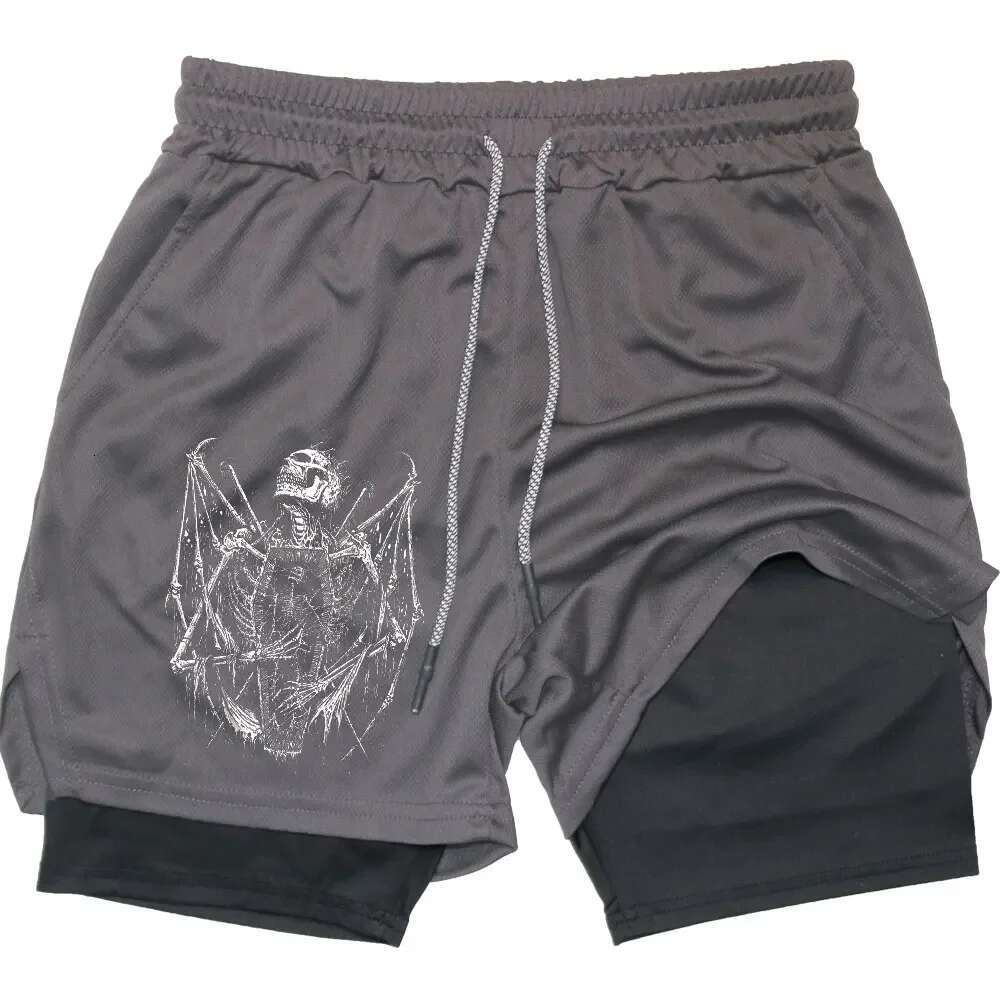 Y2k Performance Men Quick-Drying Fiess Skull Print Double Layer Shorts Workout Training Running Bodybuilding Sportwear