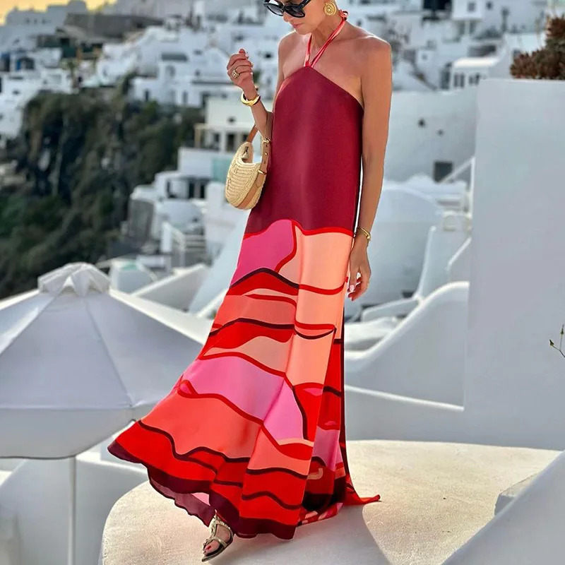 BAMBOOBOY Print Lace Up Halter Maxi Dress Women Sexy Backless Party Outfit Fashion Sleeveless Casual Beach Holliday Sundress 250222