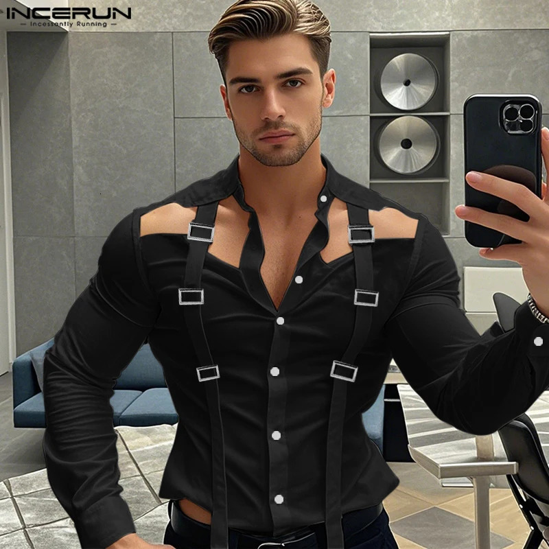 INCERUN Mens Selling Tops Stylish Hollow Ribbon Metal Buckle Shirts Handsome Male Solid Long Sleeved Casual Blouse S-5XL 250224